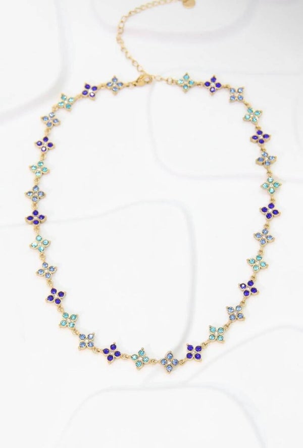 Collier Fleur strass - bleu