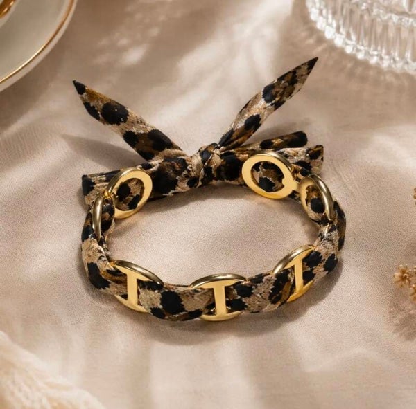 Bracelet jonc tissu satin leopard beige