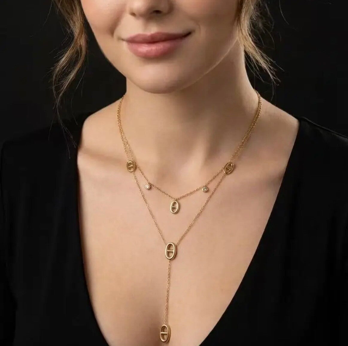 Collier double tour Y doré motif oval