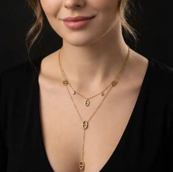 Collier double tour Y doré motif oval