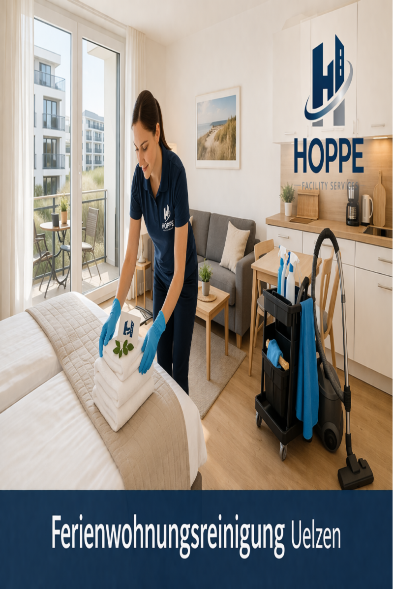 Professionelle Ferienwohnungsreinigung in Uelzen durch Hoppe Facility Services – saubere moderne Ferienwohnung mit Wohnbereich und Küche