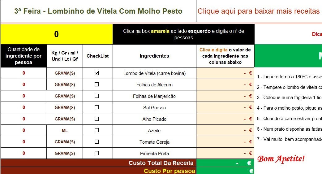 3ª Feira - Lombinho de Vitela ao Molho Pesto