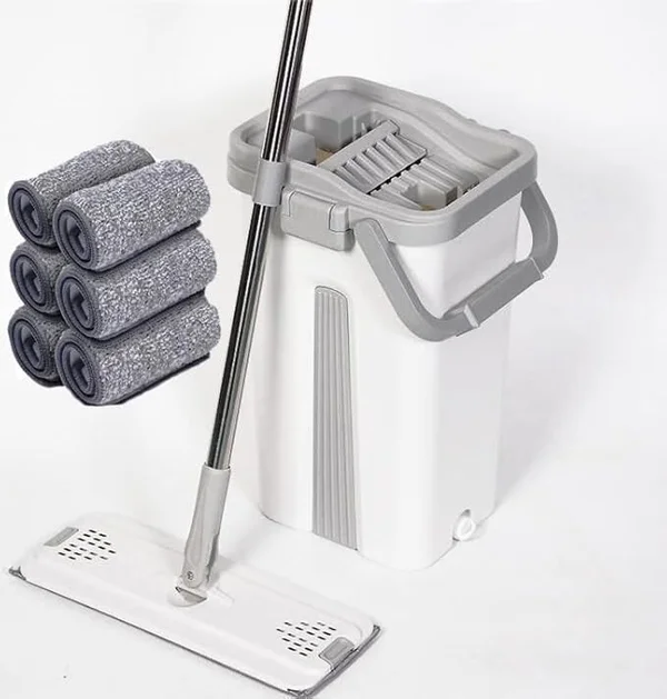 FLAT MOP NEW!Superior Sturdy And Strong Easy and Simple Squeeze Bucket, Flat Mop with 6 Pads Included Replacement 10 minute Machine Washable Microfibre Mop Pads All Floors FL1 (WHITE)
