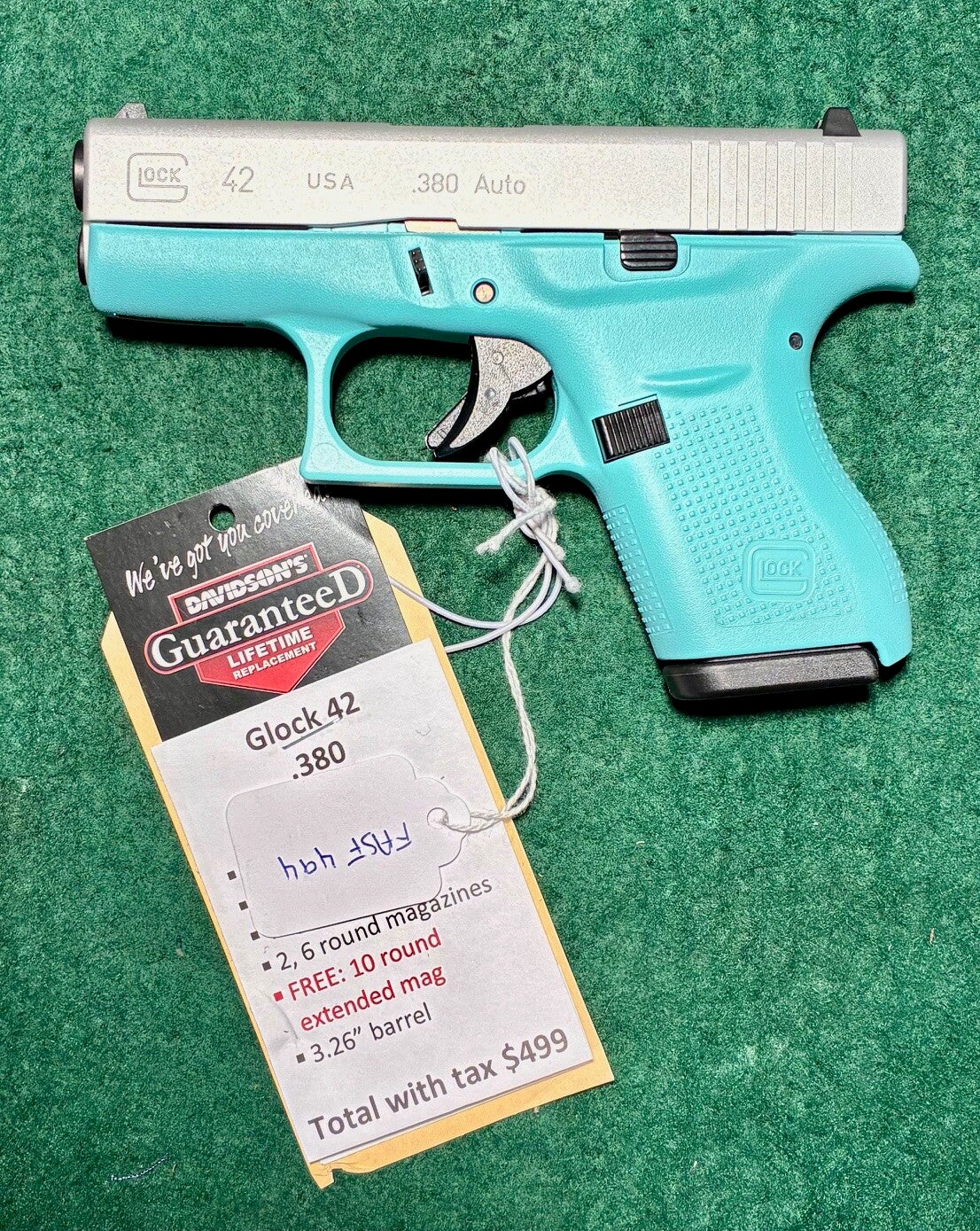 Glock 42 .380 Aqua with extended ten round mag