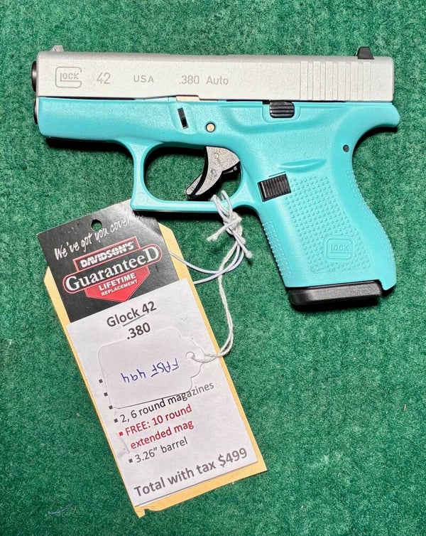 Glock 42 .380 Aqua with extended ten round mag