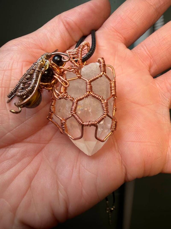 Clear quartz honeycomb bee pendant