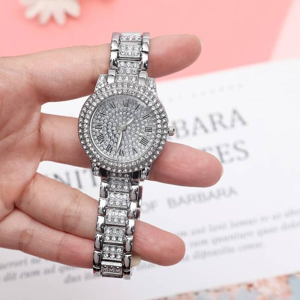 Buitenlandse handel populaire compacte kleine ronde horloge rasterband quartz vrije tijd Volledig boor stalen striphorloge 2 COLORS SILVER AN GOLD