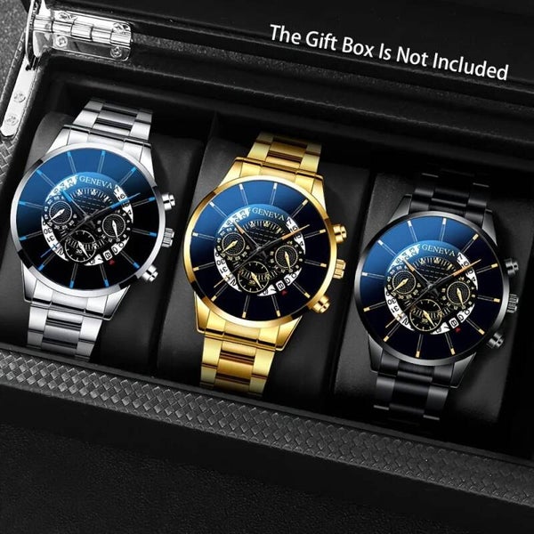 Merknaam RUNERR delige modieuze quartzhorlogeset voor heren, roestvrijstalen band, ronde wijzerplaat, datumfunctie, elektronische aandrijving, 1 WATCH ONLY 3 COLORS