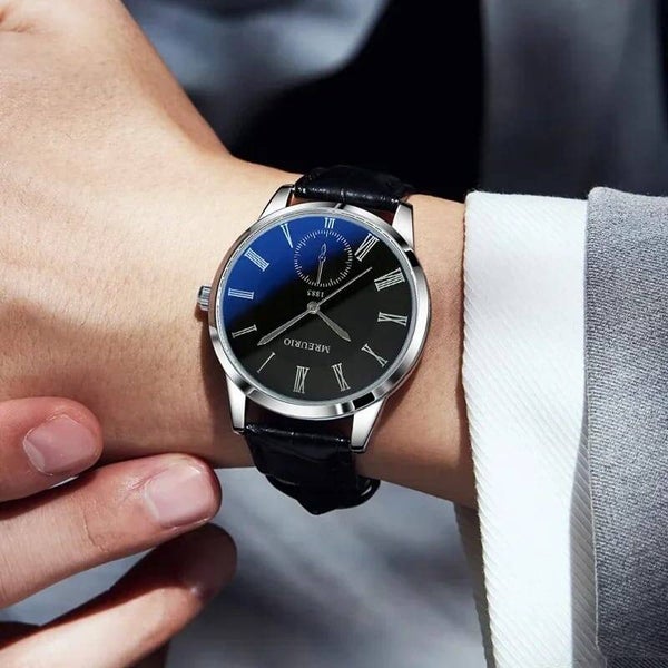 MERK  MREURIO  Mode eenvoudig herenhorloge zwart lederen band zakelijk casual polshorloge quartz horloge cadeau-ideeën