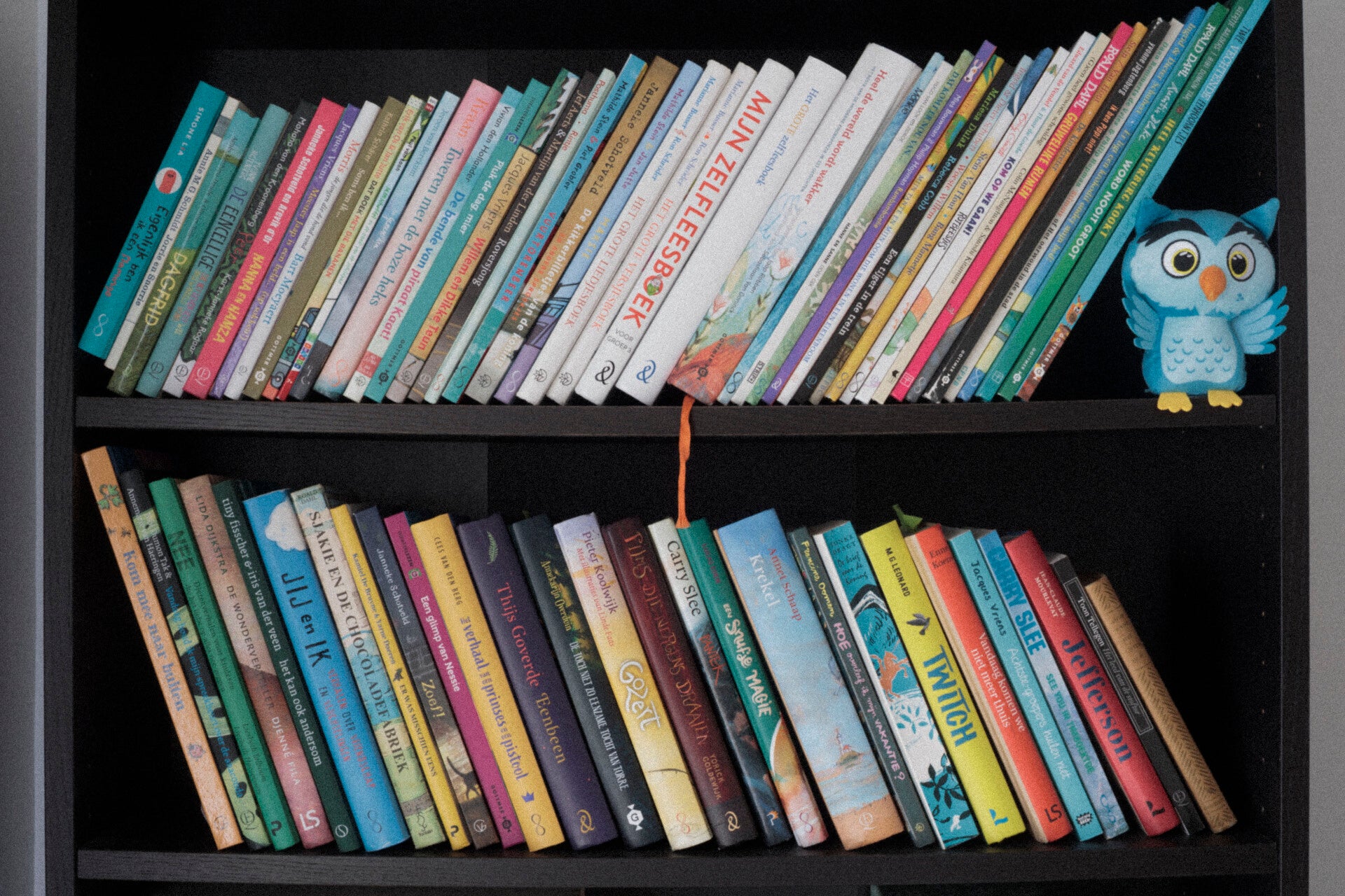 Heel veel kinderboeken in een boekenkast.