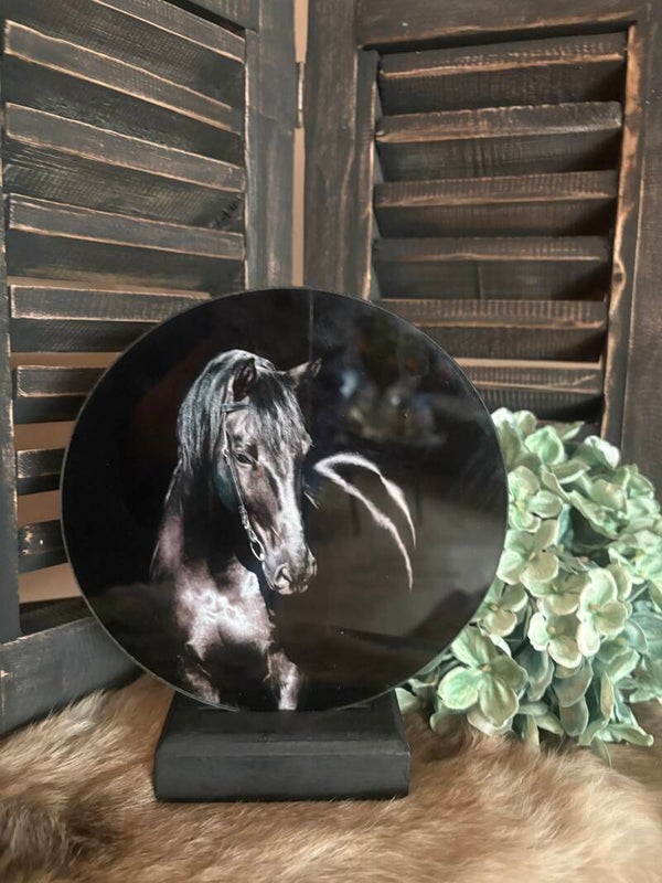 Rond glasschilderij op standaard
