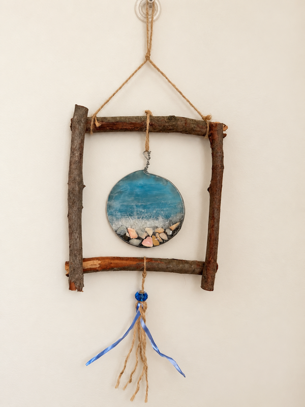 Handmade rustic beach decore wall hanging wood resin jute shell