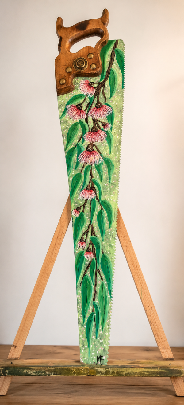 Handpainted vintage spear and Jackson saw rustic flowering gum Australian native flowers