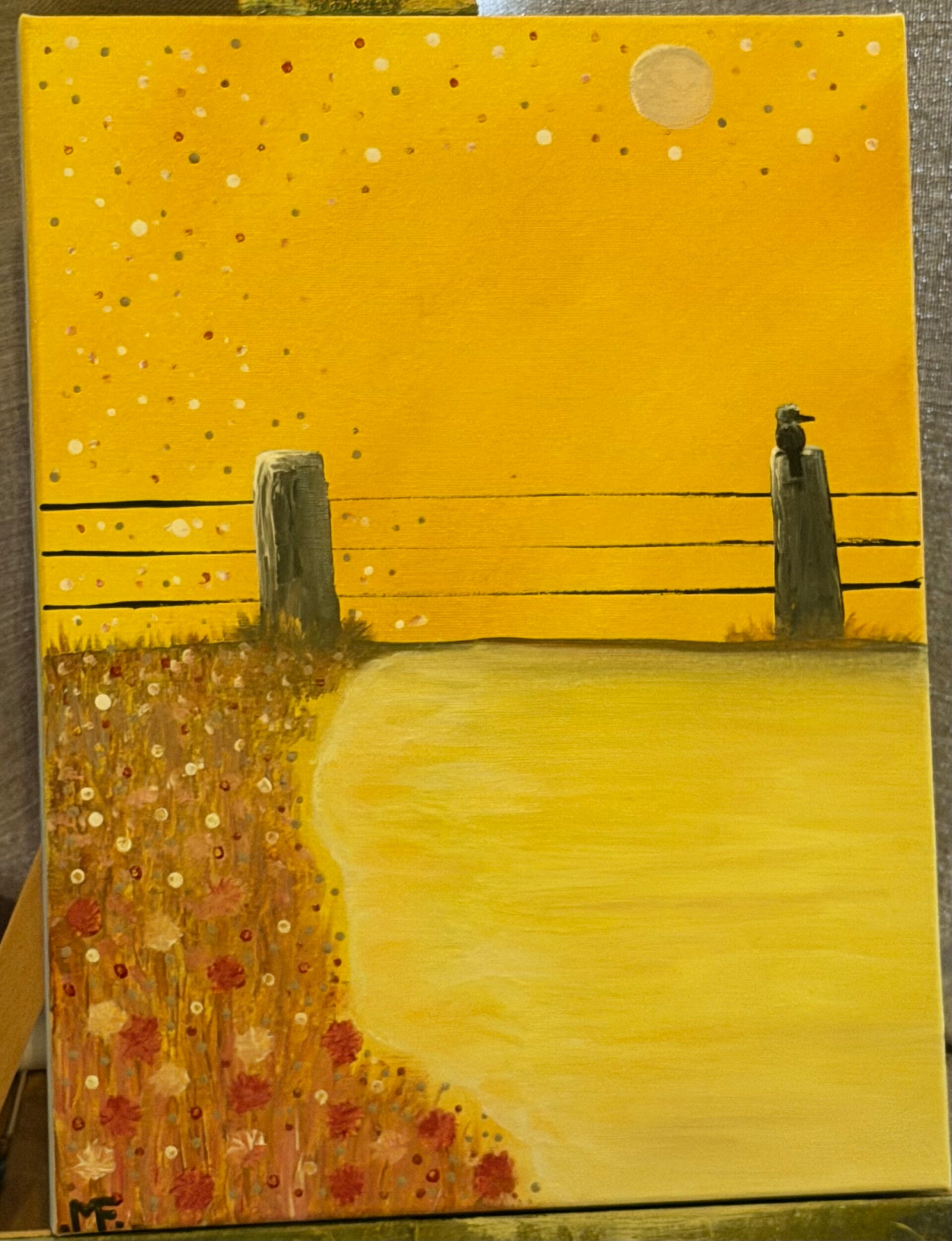 Handpainted canvas kookaburra on fence post flowers 30x40