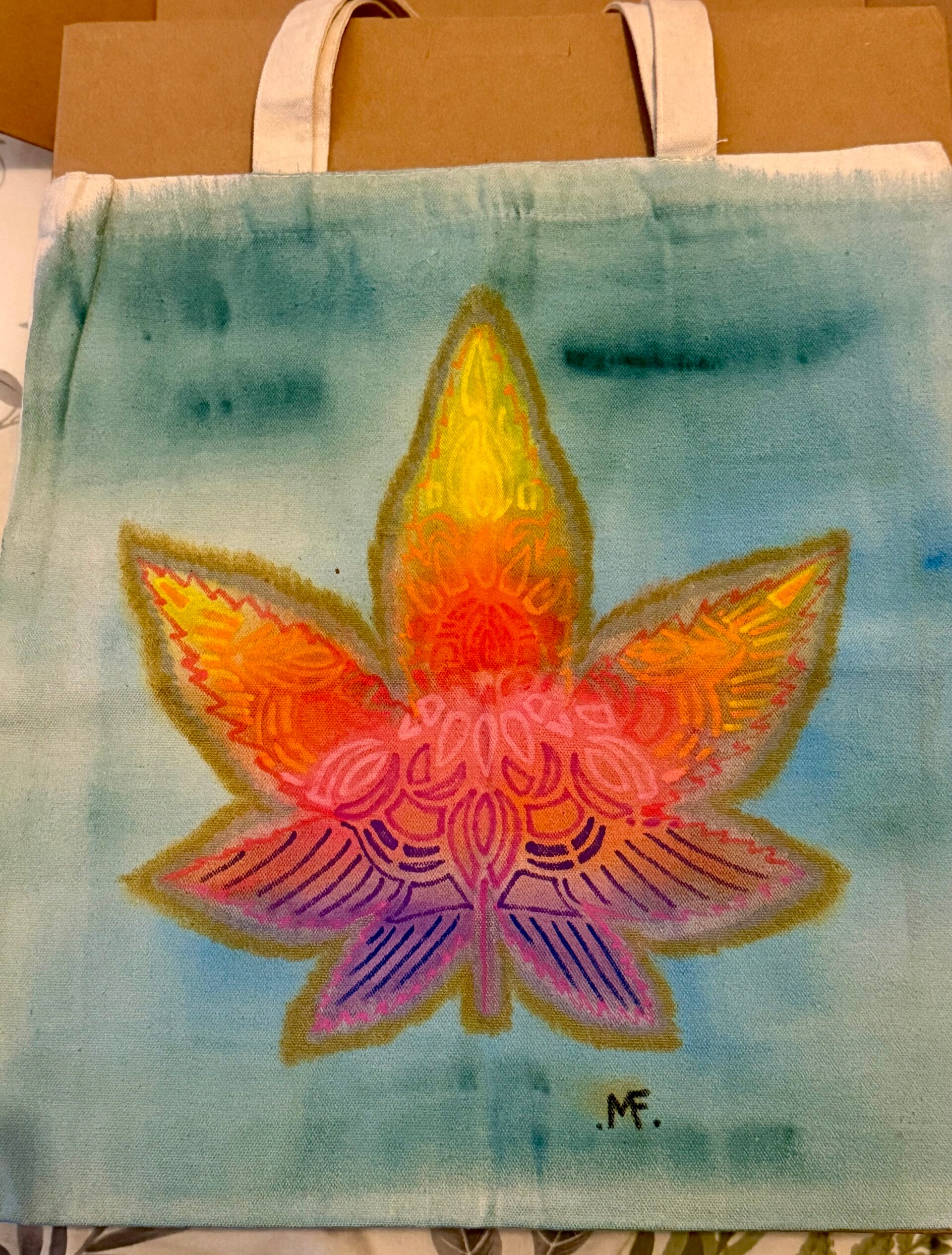 New handpainted canvas tote bag leaf design