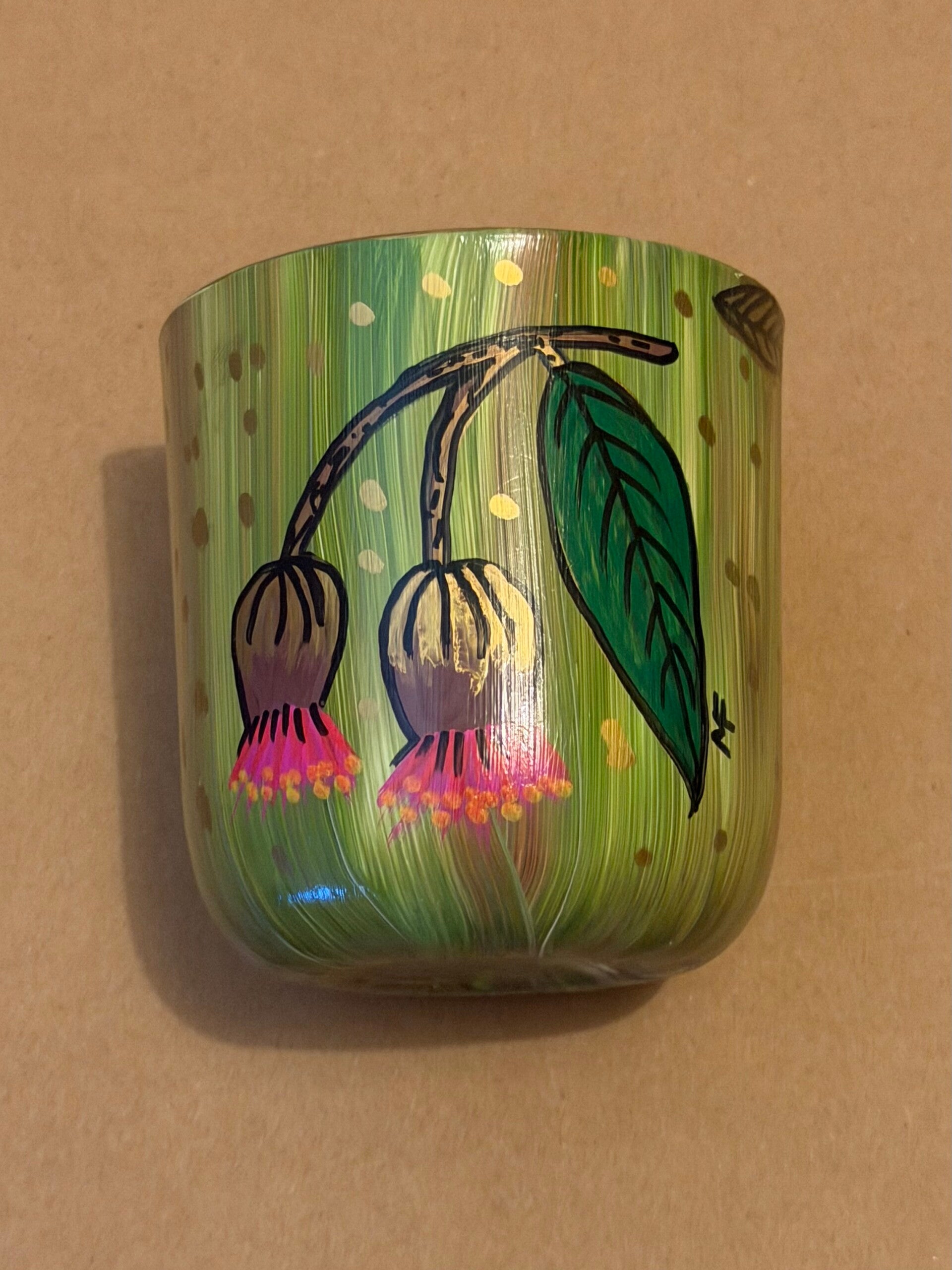 Handpainted Aussie Gumnut blossom glass candle holder vase gift