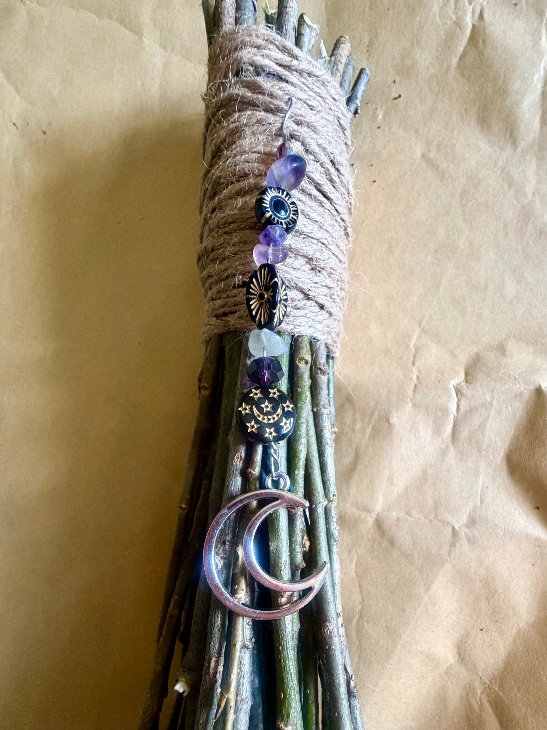 White willow broom besom handmade powerful protection moon fluorite