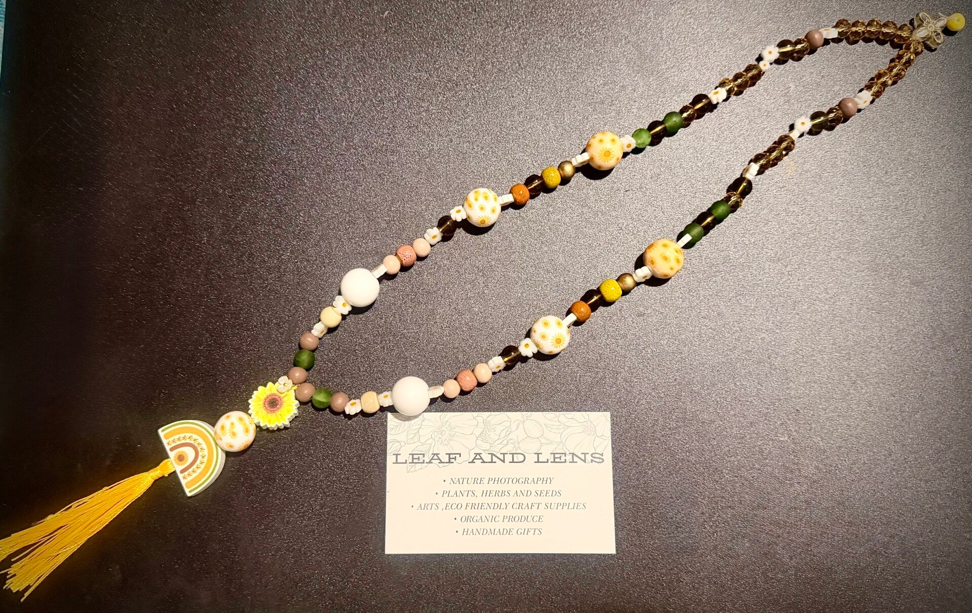 Hand beaded necklace sunny joyful chill boho vibes long length flowers