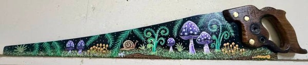 Vintage saw wall art hand painted whimsical ferns mushrooms snail forest floor