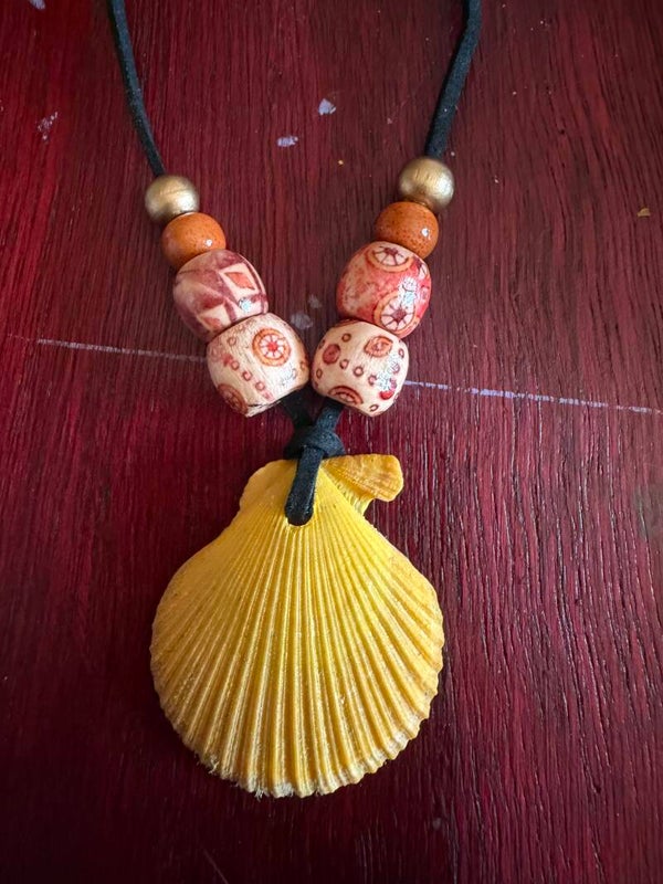 Handmade gold scallop shell necklace wooden beads ceramic boho beach vibes