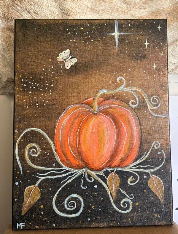 Handpainted pumpkin Halloween whimsical painting wall art original canvas