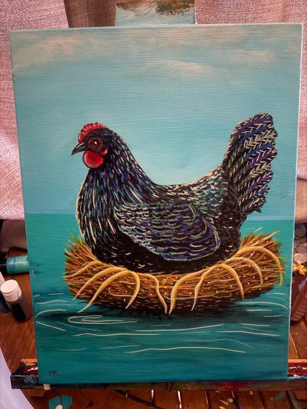 Original painting black hen chicken canvas quirky nest ocean whimsy wall art
