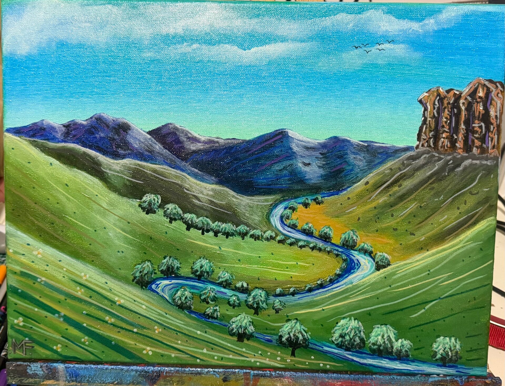 Buchan river rolling hills rock formations handpainted wall art one of a kind original