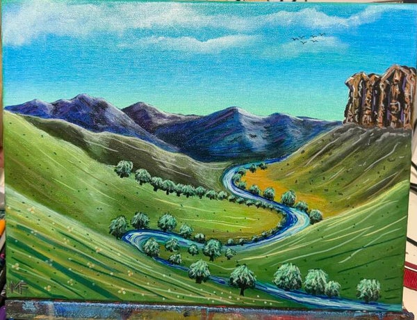Buchan river rolling hills rock formations handpainted wall art one of a kind original