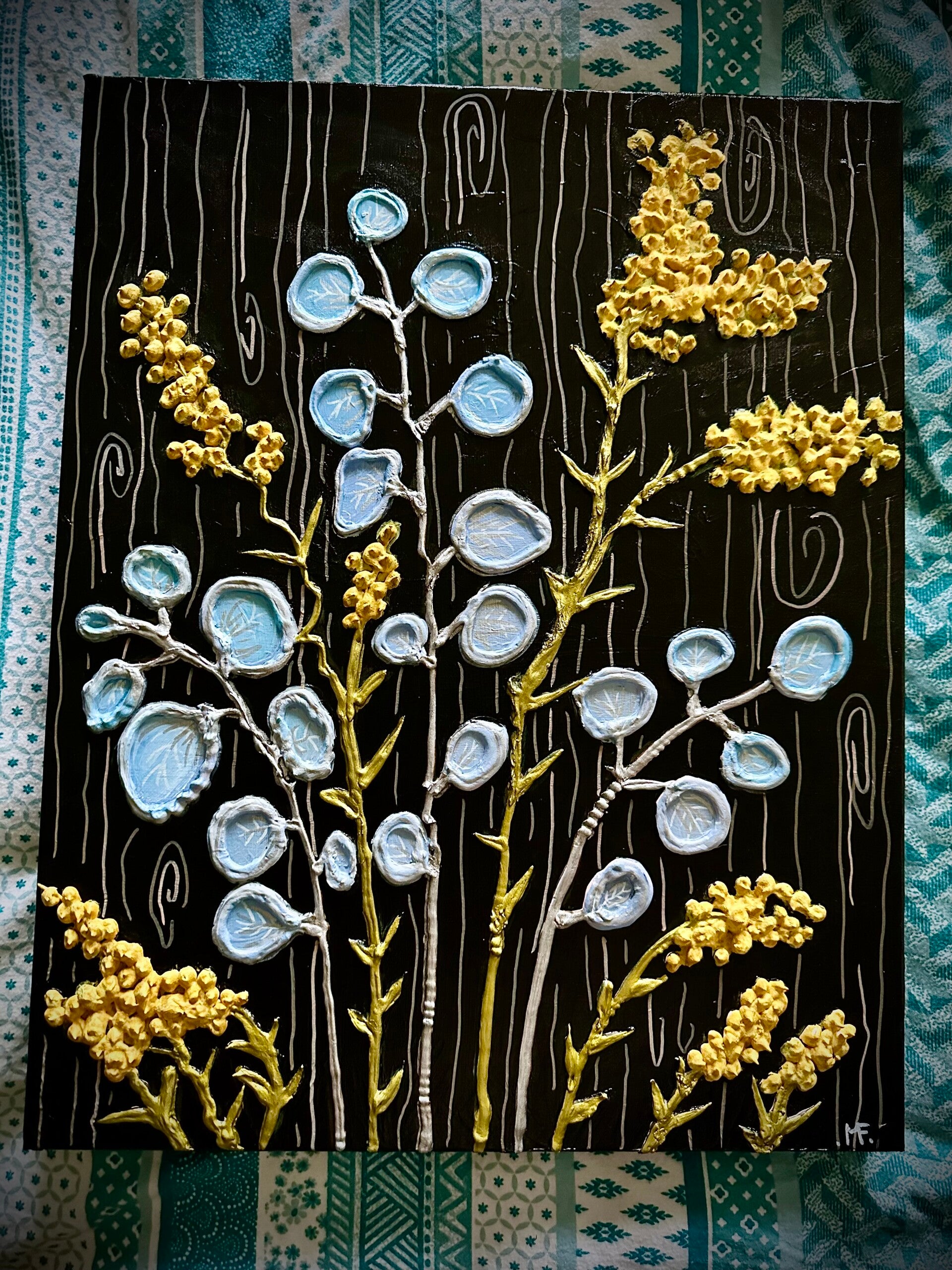 Wattle and gum leaf textured canvas wall art 40x50cm