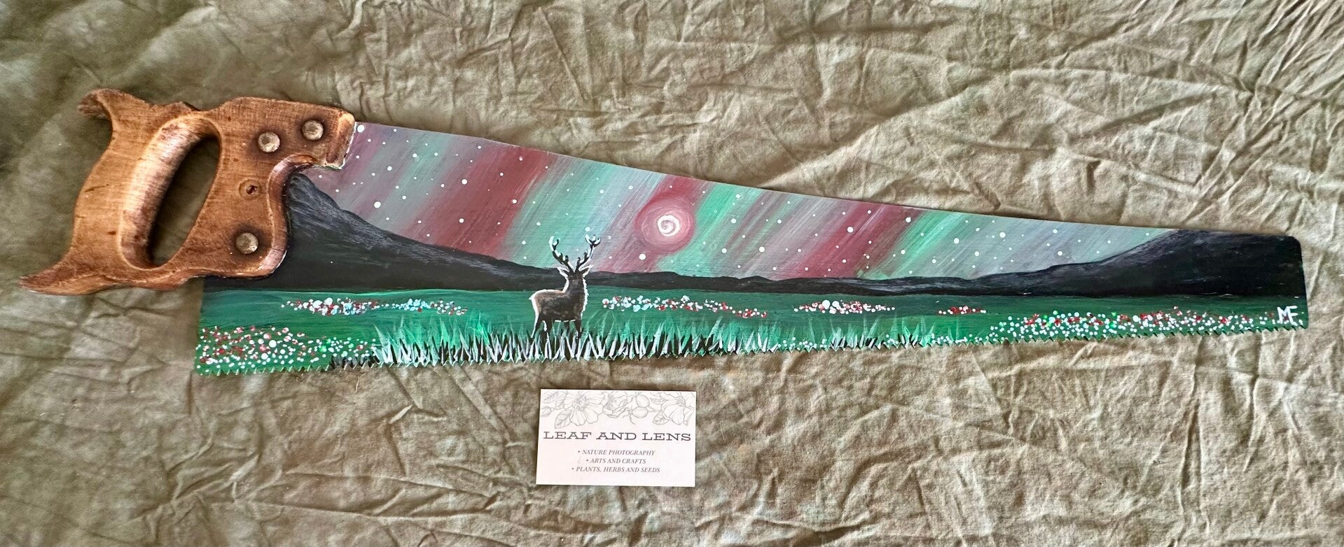 Antique Vintage saw disston & sons hand painted deer in mountains