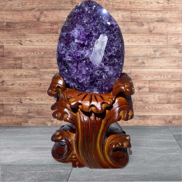 Large Amethyst Geode Crystal Cluster with Clear Quartz on Carved Wood Stand