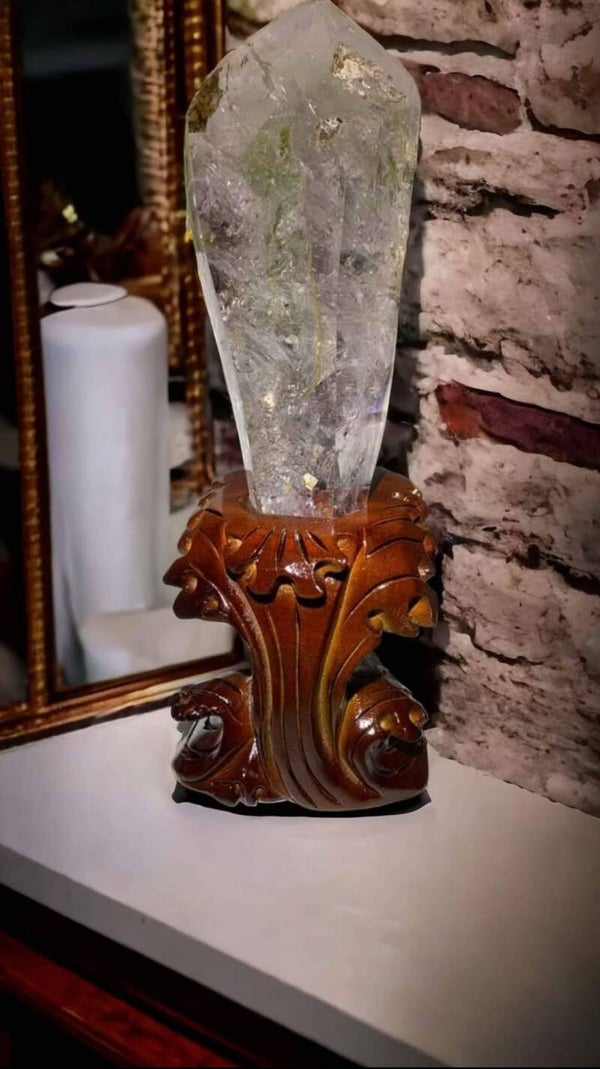 Natural Amethyst Enhydro Obelisk with Hand-Carved Wooden Stand - Home Decor