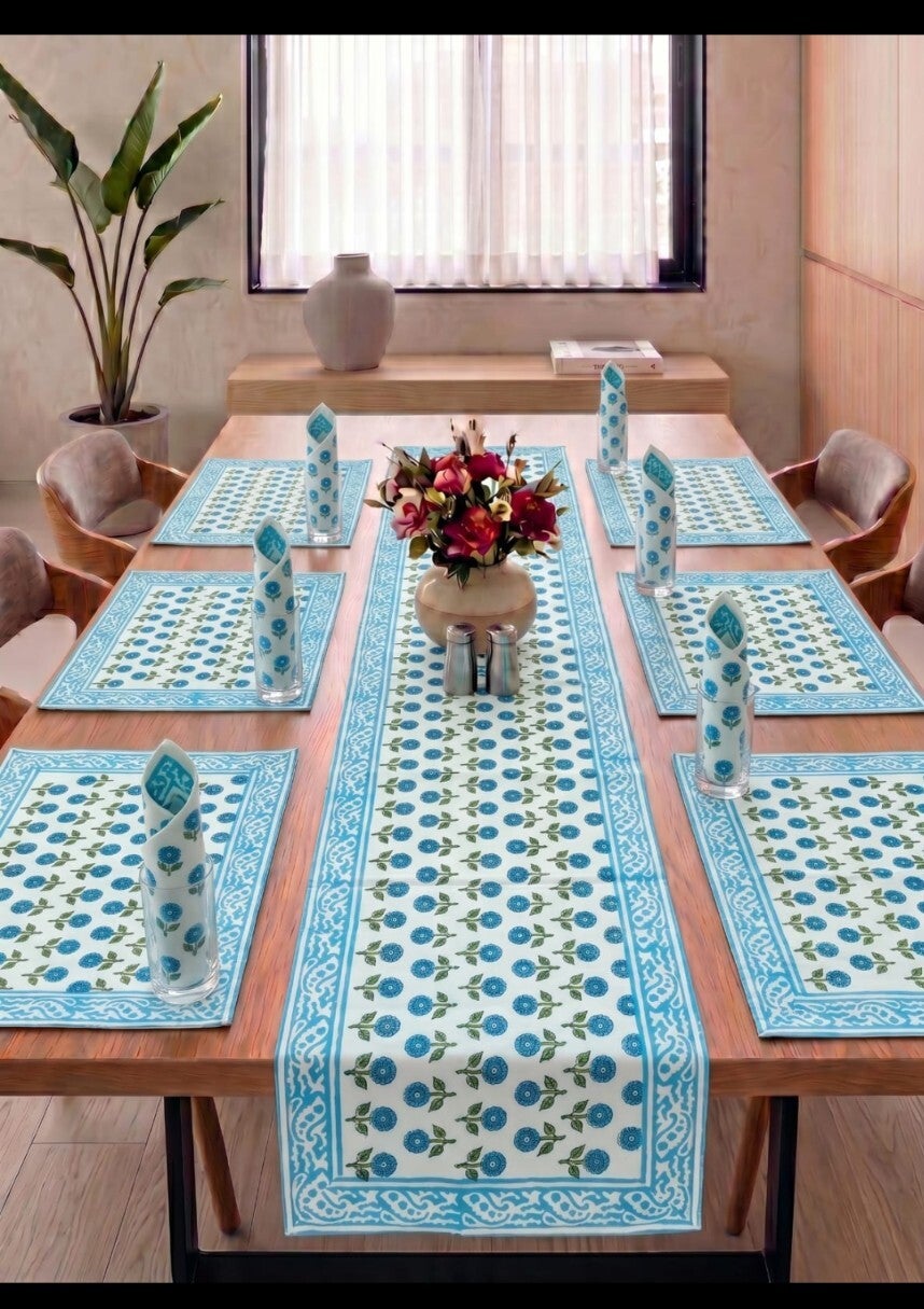 Azure Blossom Hand Block Printed Dining Linen Set