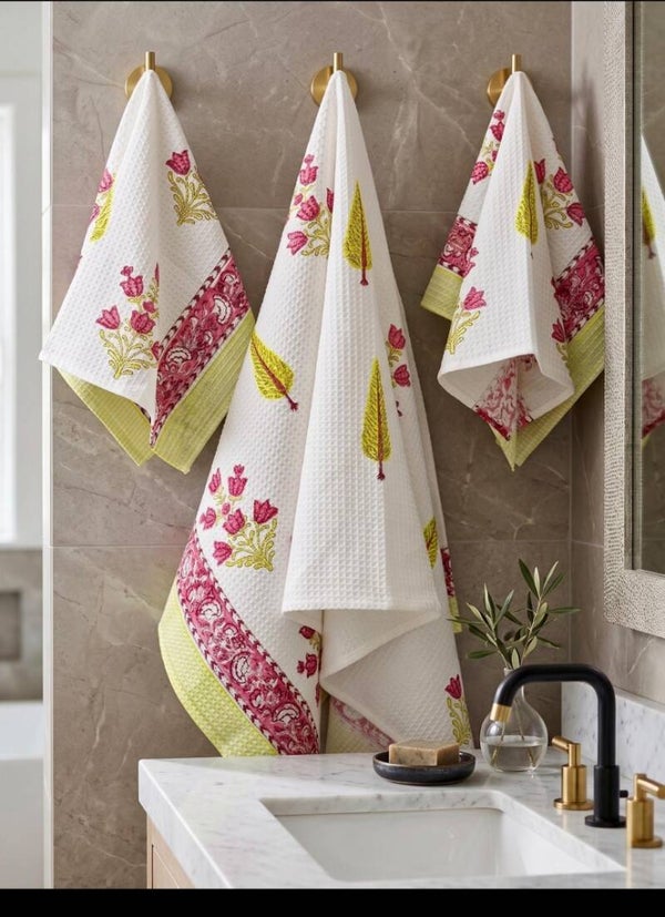 Rosewood Bloom Hand Block Printed Waffle Towel Set