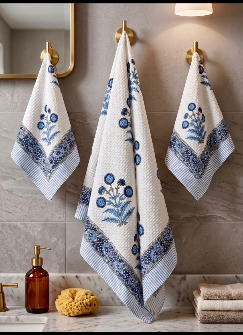 Indigo Meadow Hand Block Printed Waffle Towel Set