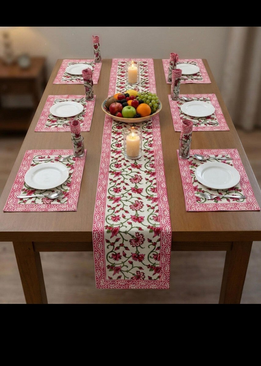 Rose Vine Hand Block Printed Dining Linen Set