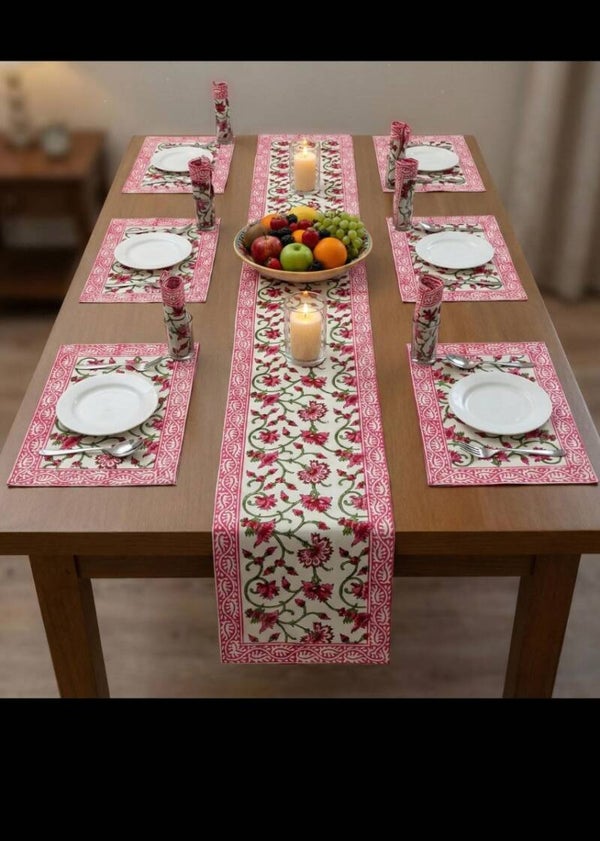 Rose Vine Hand Block Printed Dining Linen Set