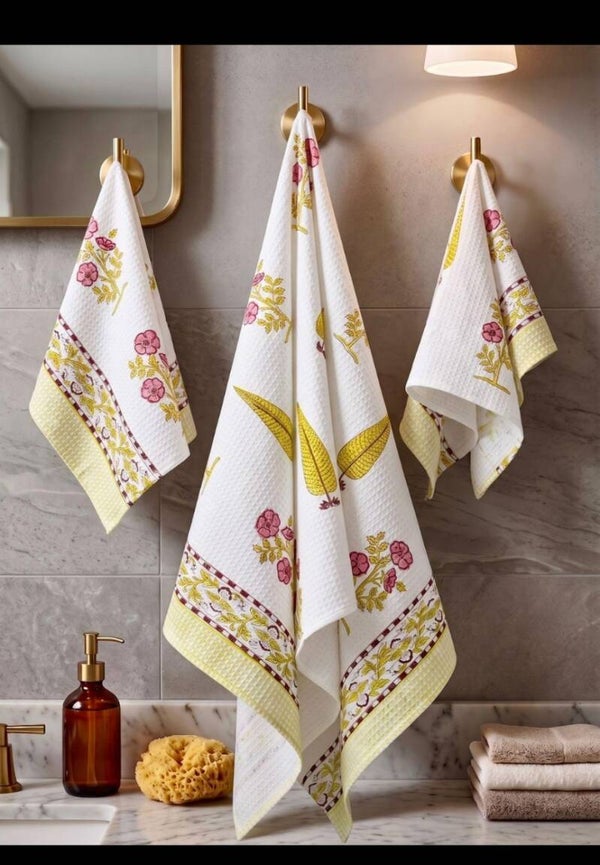 Golden Magnolia Hand Block Printed Waffle Towel Set