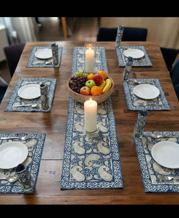 Indigo Paisley Hand Block Printed Dining Linen Set