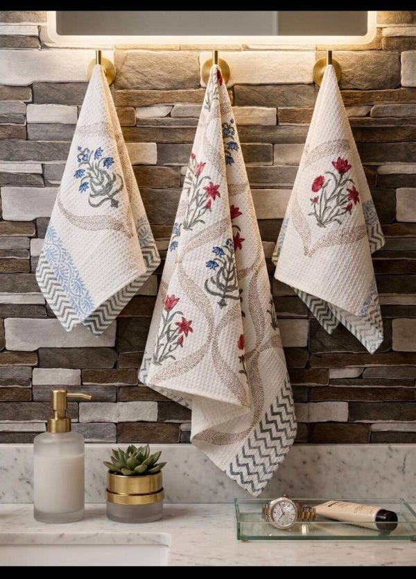 Wildflower Haven Hand Block Printed Waffle Towel Set