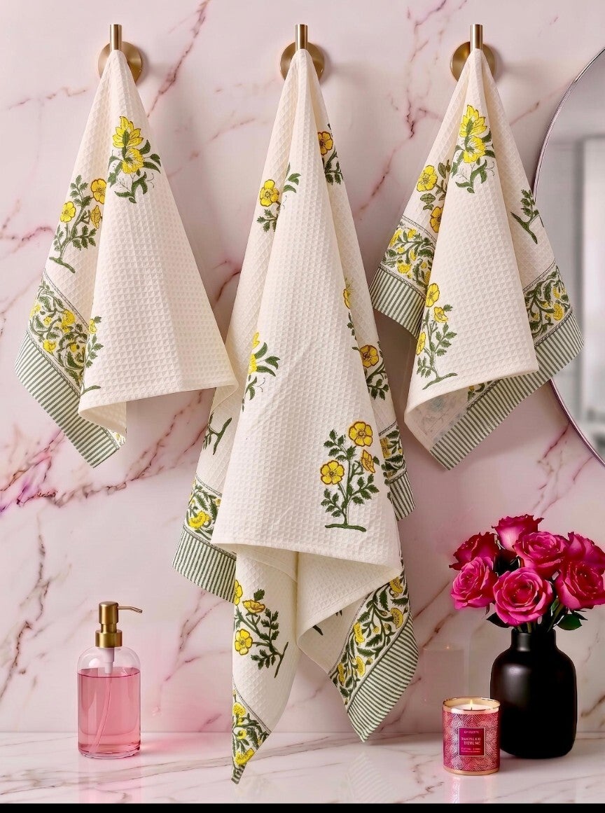 Sunflower Grove Hand Block Printed Waffle Towel Set