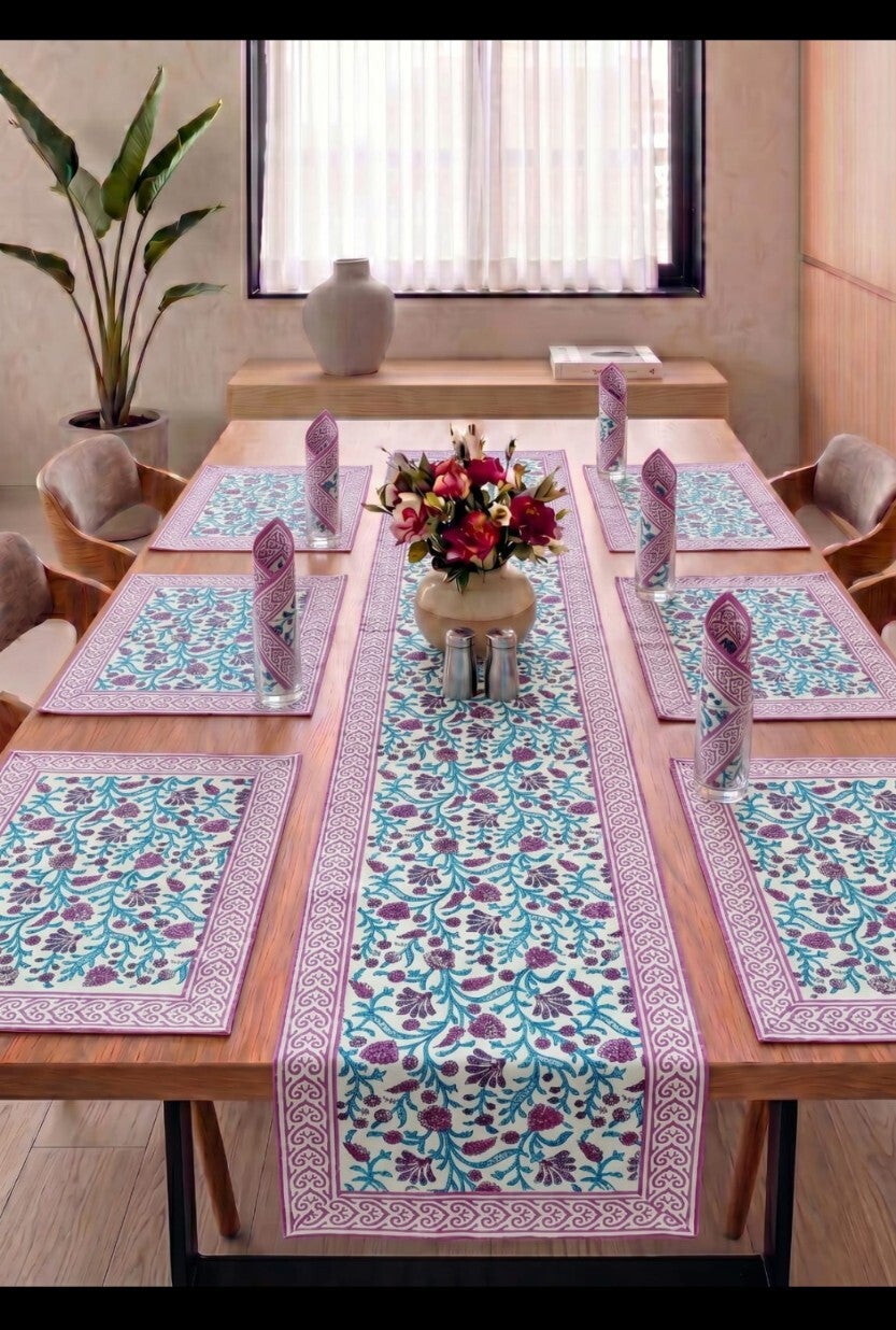Lavender Bloom Hand Block Printed Dining Linen Set