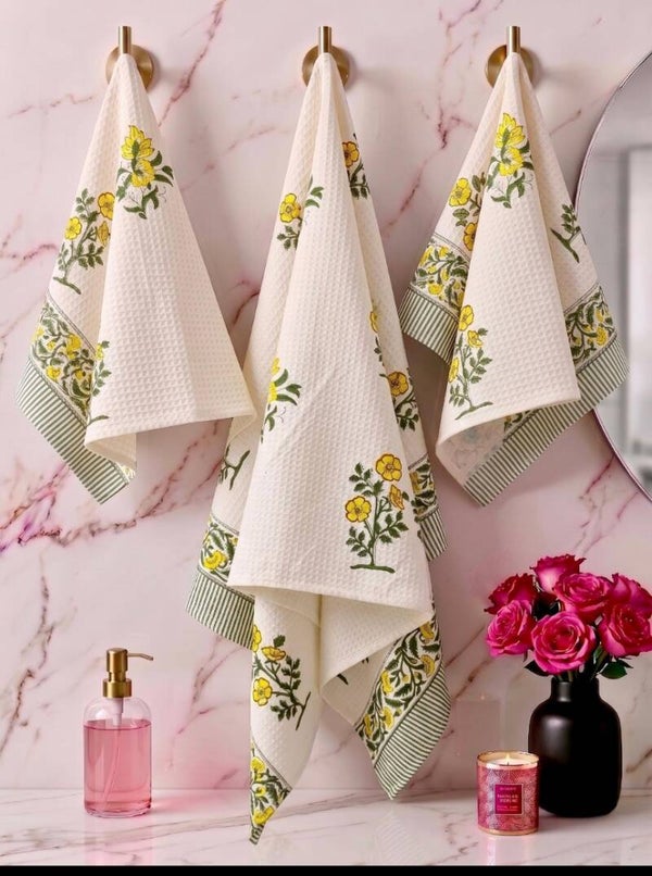 Sunflower Grove Hand Block Printed Waffle Towel Set
