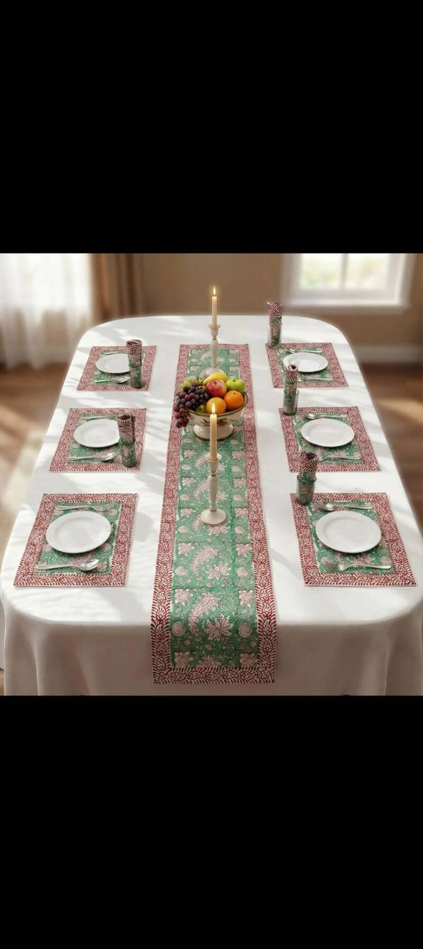 Emerald Paisley Hand Block Printed Dining Linen Set