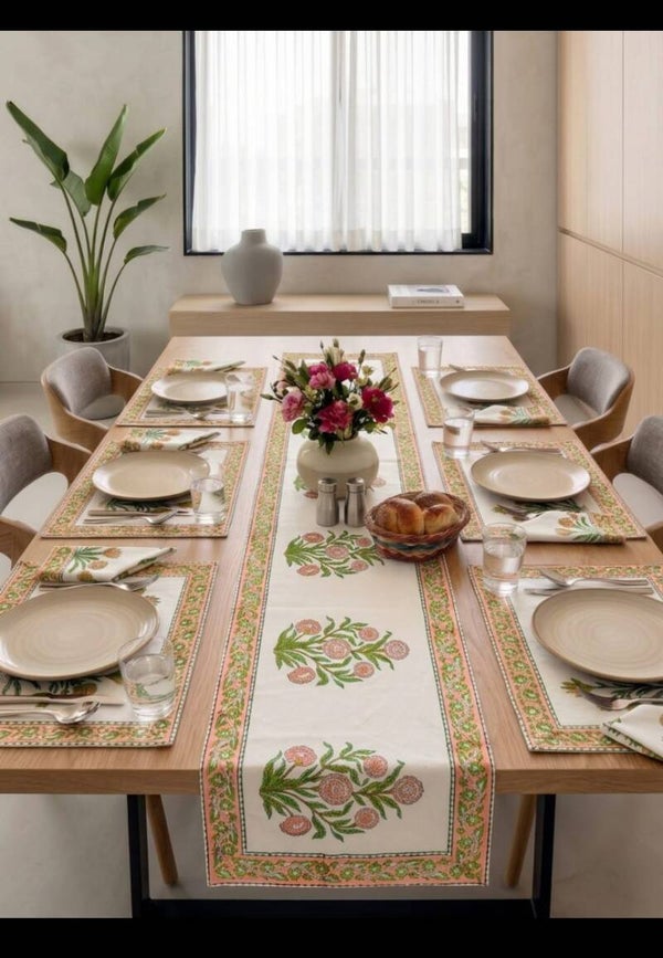 Peach Blossom Hand Block Printed Dining Linen Set