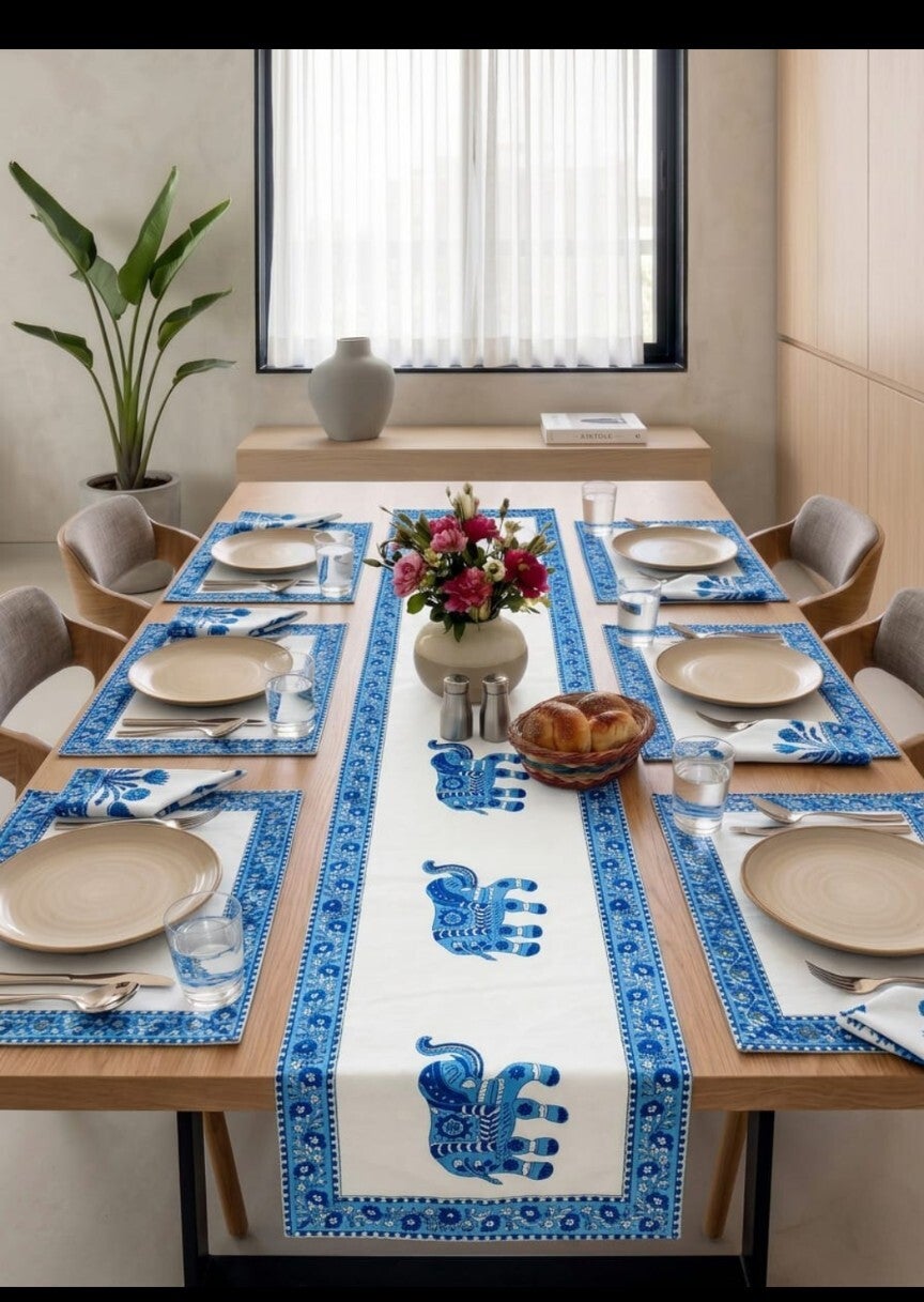 Indigo Elephant Hand Block Printed Dining Linen Set