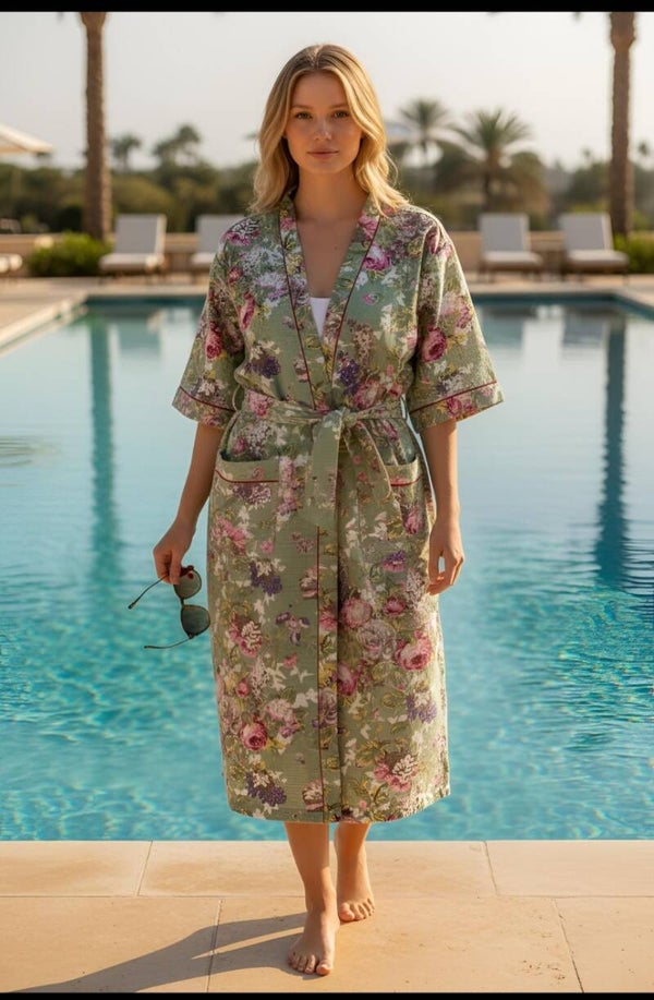 Sage Palace Garden Hand Block Printed Robe