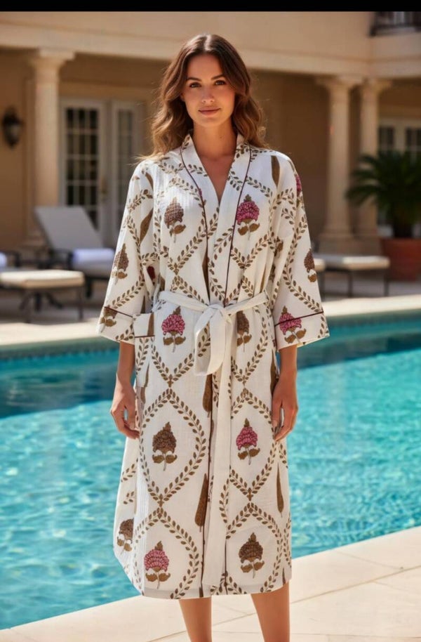 Rosewood Trellis Hand Block Printed Robe