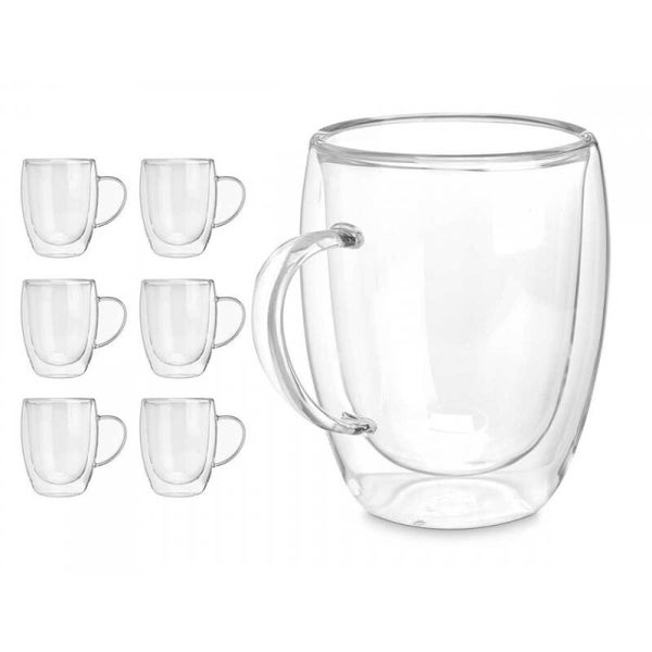 Set van 6x stuks koffie/theeglazen met oor 345 ml en dubbel wandig - Transparant stevig