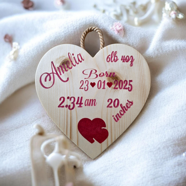 Personalised Wooden Baby Birth Announcement Plaque – Custom Name, Date, Weight, Time, Length & Keepsake Gift